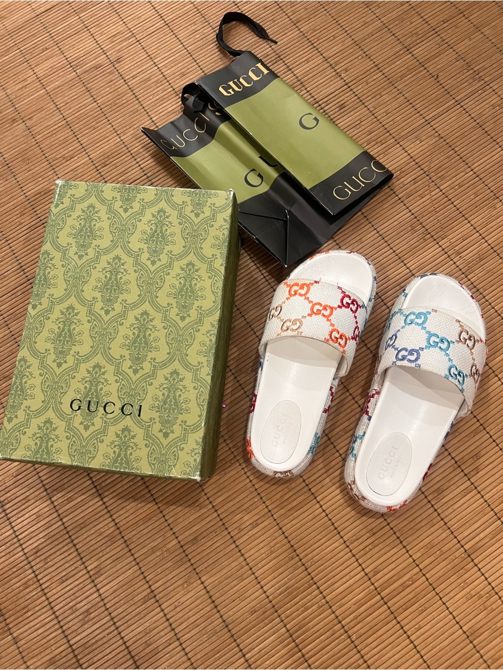 Gucci White Multicolor GG Canvas Slide Sandals